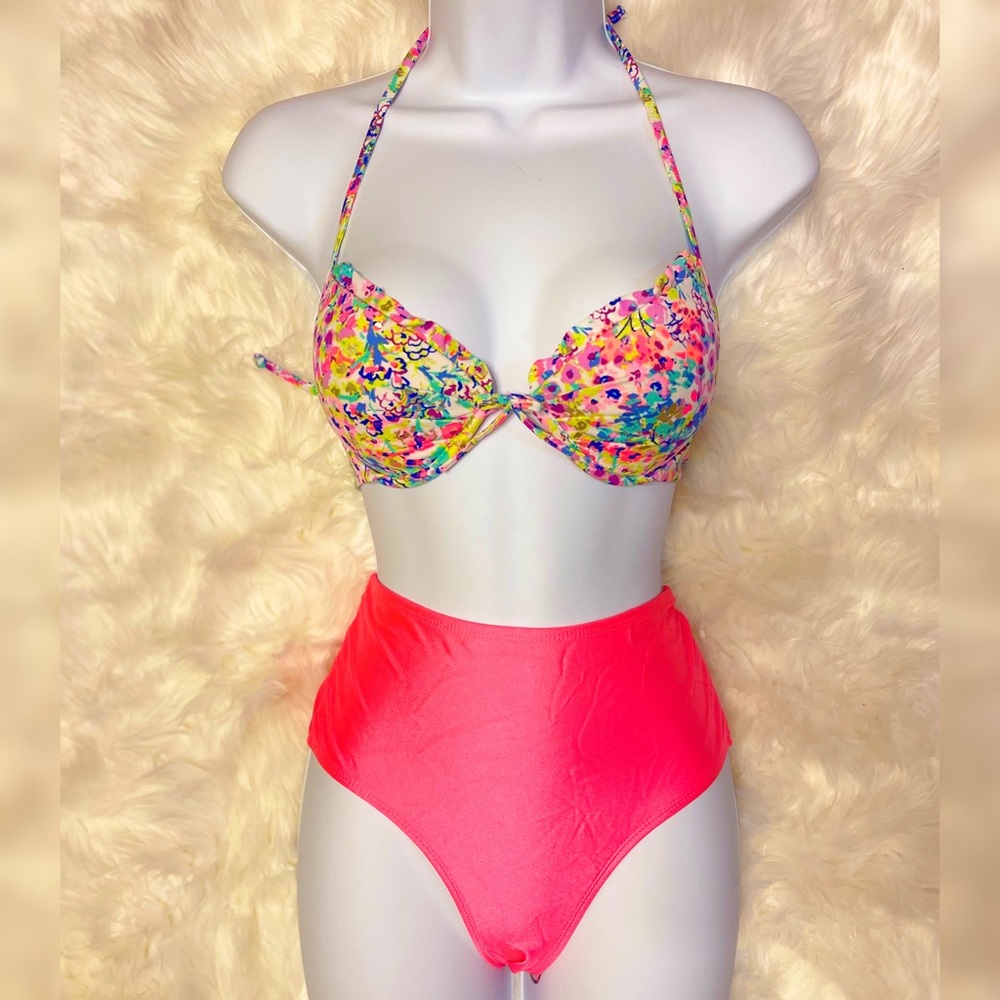 Floral Print Top Bright Colors Set High Waisted